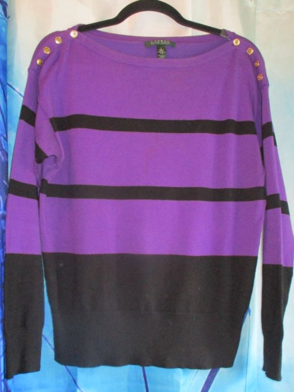 Lauren Ralph Lauren Button Detail Boatneck Long Sleeve Purple/Black SWEATER L